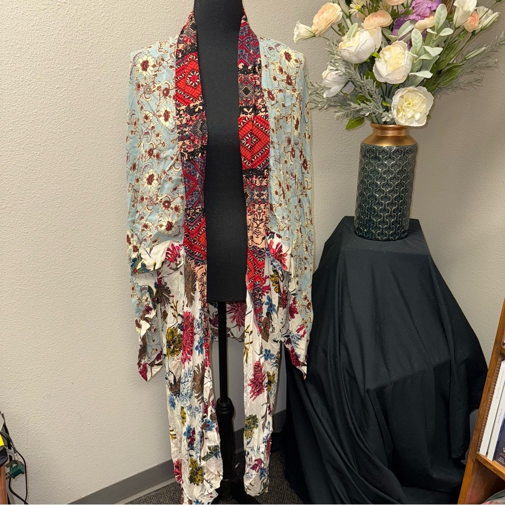 Umgee Boho Patchwork Kimono Duster Floral Open Front Lightweight M/L